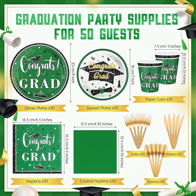 Domensi 400 Pcs 2026 Graduation Decorations Plates and Napkins and Cups Set Serve 50, Green and White Graduation Party Supplies, Class of 2026 Paper Tableware 9oz Cup Knife Fork Spoon Congrats Grad