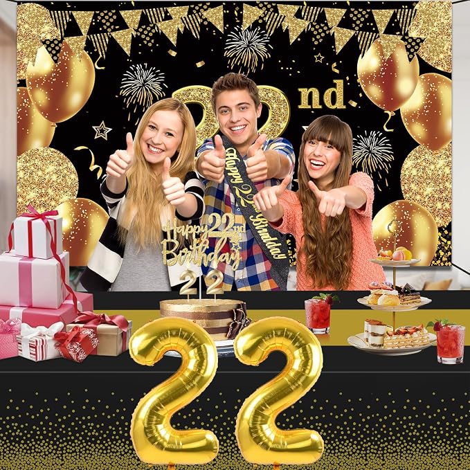 22nd Birthday Decorations Men Women with 22nd Birthday Banner, Black and Gold Table Cloth, Number Balloons, Large Sash, Cake Topper and Candles