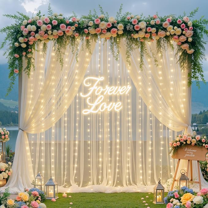 20×15ft Champagne Tulle Backdrop Curtain with Lights String for Parites Sheer Fabric Backdrop Curtains for Wedding Baby Shower Birthday Party Backdrop Drapes Photo Shoot Background 4 Panels 5ft×15ft