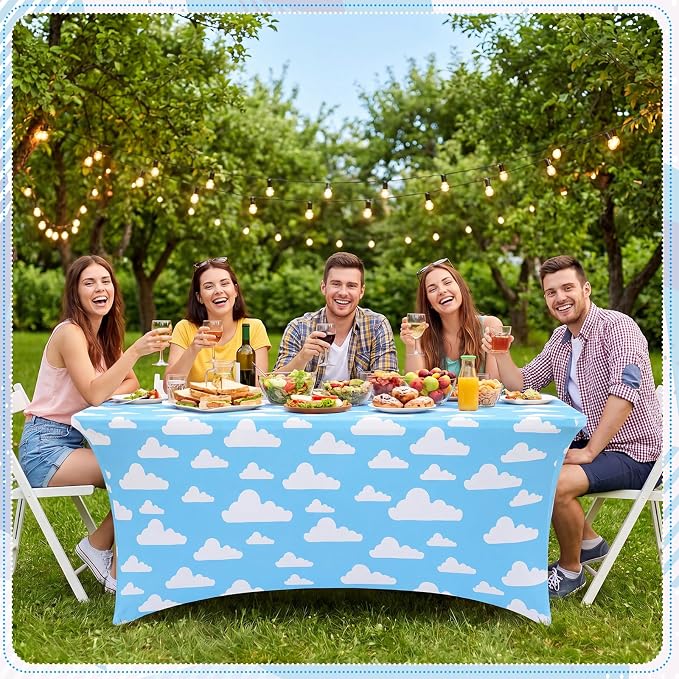 Frienda 4 Pcs Cartoon Story Tablecloth Birthday Party Supplies Spandex Stretch 71 x 30'' Cow Pattern Theme Sky Cloud Tablecloth Rectangle Cartoon Table Cover for Baby Shower Birthday Party Decoration