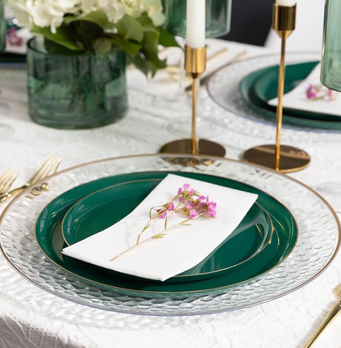 PLASTICPRO 20 Piece Combo Plates Set includes 10-6.3'' inch & 10-8.6'' inch Plates Emerald Green Plastic with Gold Rim Party, Wedding, Plate, Dishes, st patricks day Dishes