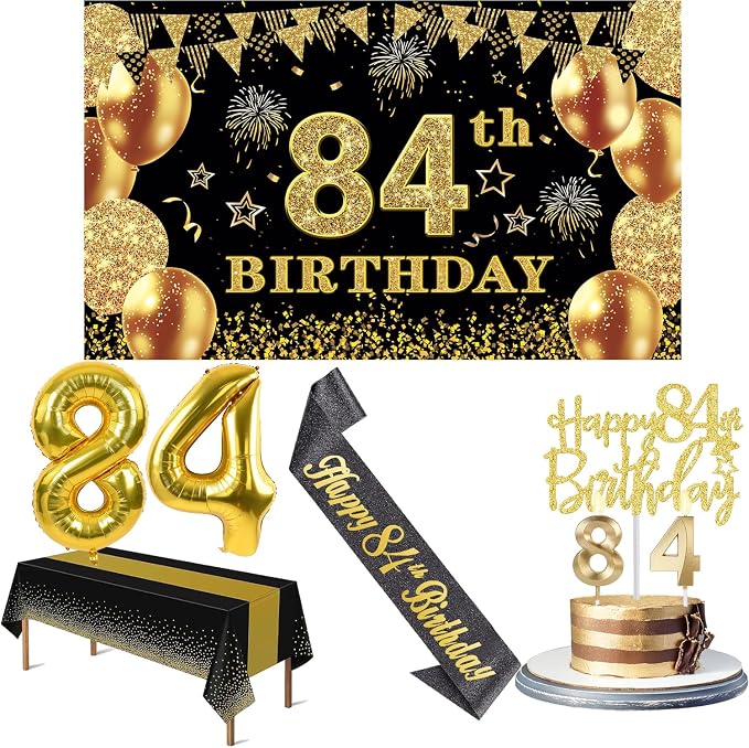 84th Birthday Decorations Men Women with 84th Birthday Banner, Black and Gold Table Cloth, Number Balloons, Large Sash, Cake Topper and Candles