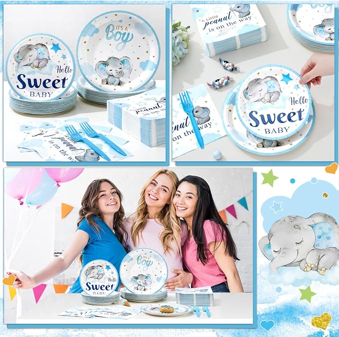 Havawish 250 Pcs Blue Elephant Baby Shower Plates and Napkins Decoration It's a Boy Wait Party Supplies Tableware Set Severs 50 Disposable Plates for Baby Boy Gender Reveal Party Supplies