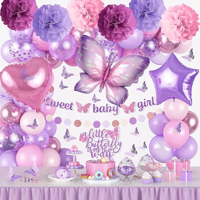 Butterfly Baby Shower Decorations for Girl, Sweet Baby Girl Banner with Pearl Pastel Purple Light Pink Latex Foil Balloons Cake Topper Pom Poms for A Little Butterfly Is On The Way Decoration Supplies