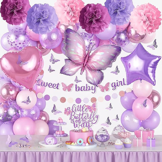 Butterfly Baby Shower Decorations for Girl, Sweet Baby Girl Banner with Pearl Pastel Purple Light Pink Latex Foil Balloons Cake Topper Pom Poms for A Little Butterfly Is On The Way Decoration Supplies