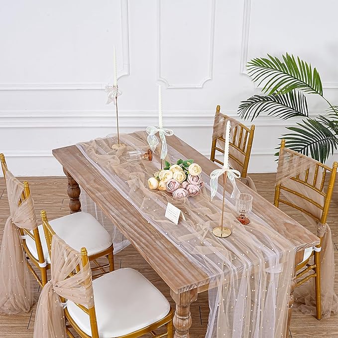 LuoluoHouse Pearl Table Runner Wedding Decor: 10ft Pearl Table Cloth 29x120 Inch Tulle Chiffon Fabric for Decortions Birthday Party Dining Table Cover (Tan,1pcs)