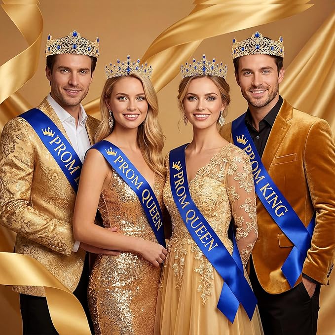 Retrowavy 4 Pcs Prom King and Queen Crown Set with Sashes Prom King Queen Sash and Tiara Set for 2026 Grad Birthday Carnival Wedding Costume Accessories(RoyalBlue)