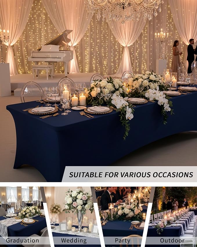Fixwal Navy Blue Tablecloths for 8 Foot Rectangle Tables, 2 Pack Spandex Stretch Fitted Table Covers for Party, Trade Show, Banquet, Buffet, Graduation
