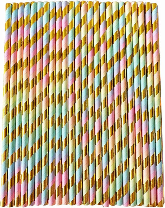 YAOSHENG [100 Pack] Pastel Paper Straws Disposable, 100% Biodegradable Multi-Pattern Party Straws For Birthday, Wedding and Holiday Decoration (Seven Colors)