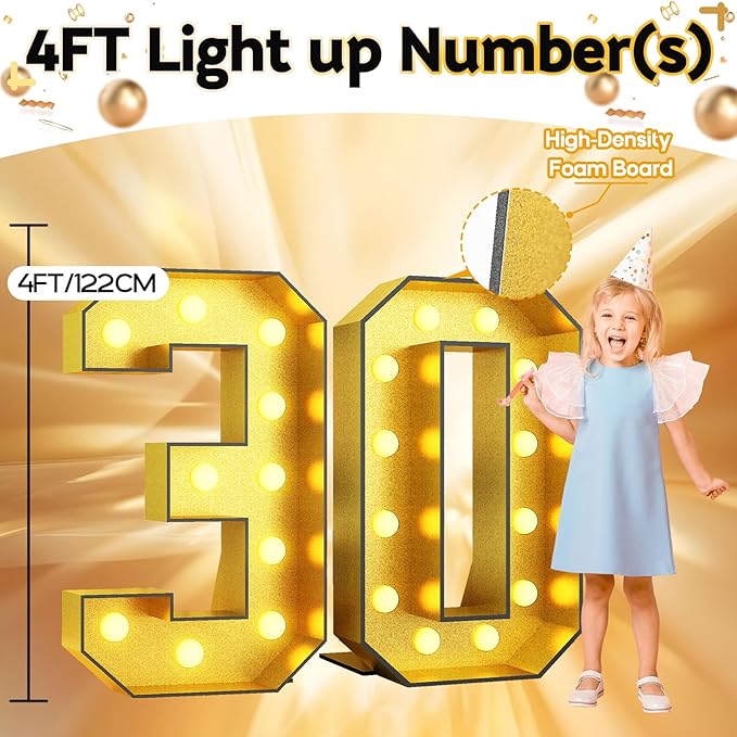 Light Up Numbers 30, 4FT Light Up Numbers 30 Marquee Gold Large Light Up Numbers Mosaic Numbers for 30th Birthday, Giant Light Up Number Frame Pre-Cut Foam Board Kit for Graduation Anniversary Party