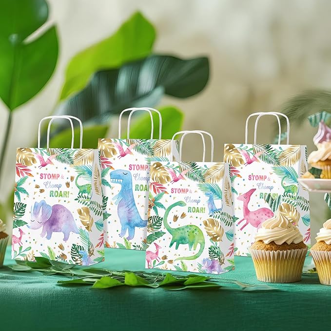 HaPiBiDesign Dinosaur Party Favor Bags, 24 Pack Dinosaur Goodie Bags with Handles, Girl Dinosaur Gift Bags, Pink Dinosaur Treat Bags for Kids Birthday Party, Dinosaur Party Supplies
