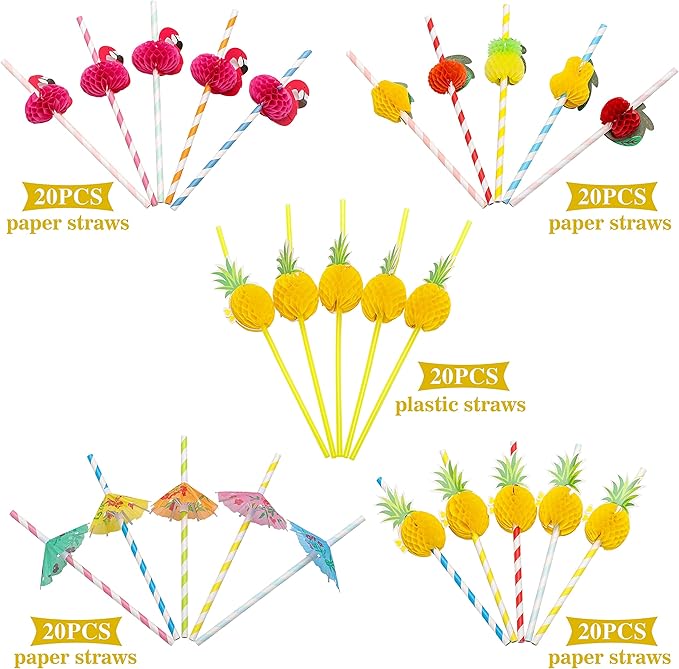 100PCS Flamingo Fruit Paper Straws,Disposable Plastic Drinking Straws,Tropical Hawaiian Beach Summer Pool Party Cocktail Decorations - Assorted Colors