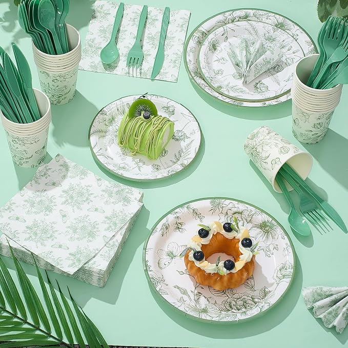 Funnymoom 400 Pcs Sage Green Floral Party Supplies for 50 Guests White Green Flower Disposable Plates Napkins Cups Spoons Forks Knives for Wedding Tea Party Bridal Baby Shower