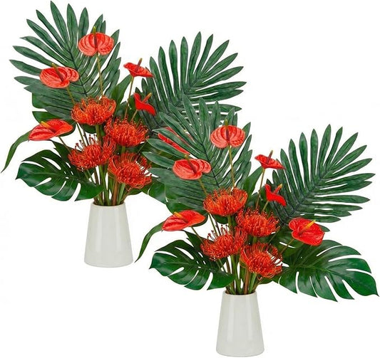 Hotop 72 Pcs Artificial Tropical Flowers for Summer Party Centerpieces Fake Floral Decor Set with Leucospermum Pincushion Flowers Anthurium & Tropical Leaves (Monstera/Palm) for Table Centerpieces