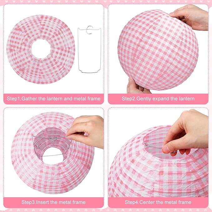 Honoson 12 Pcs Pink Gingham Paper Lanterns Decoration10 Inch White and Pink Checkered Plaid Round Chinese Hanging Lanterns for Baby Girl Shower Wedding Birthday Picnic BBQ Decoration