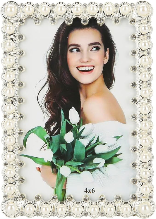 4x6 Picture Frame White Pearl Vintage Wedding Photo Frame with Glass Front | Elegant Art Decor Tabletop or Wall Display for Engagements, Anniversary, Graduation, Birthday Gifts for Women