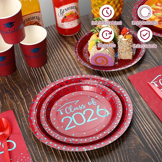 350pcs Class of 2026 Graduation Plates and Napkins Set, Disposable Paper Plate Set Polka Dots Plates Napkins Cups Knife Fork Spoon for Graduation Party Decorations and Supplies,Serve 50 (Red Blue）