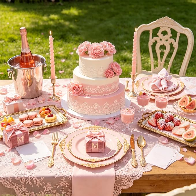 125PCS Pink and Gold Plastic Plates - Pink Disposable Plates - Vintage Plate with Gold Plastic Silverware Set for 25 Guests for Weddings Baby Shower Parties