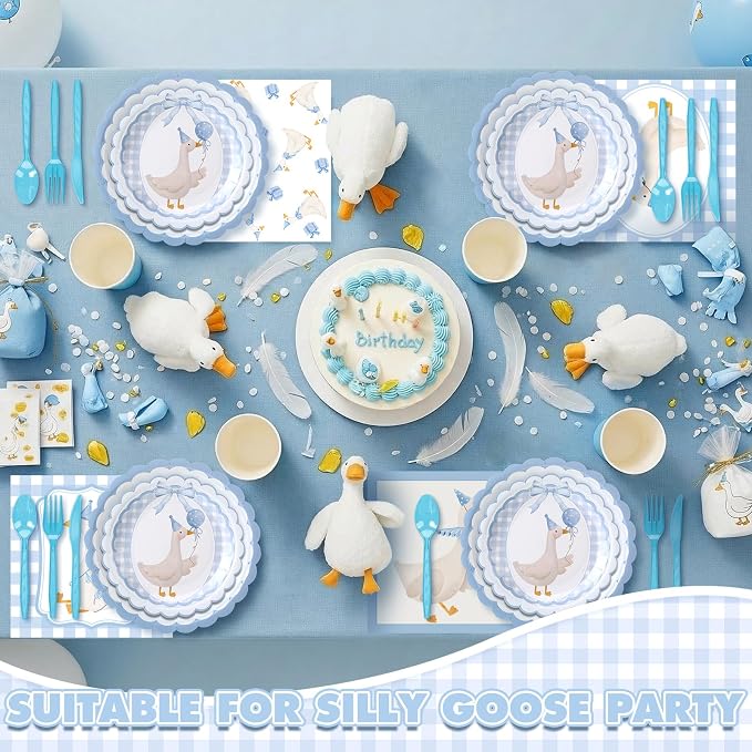Zhehao 350 Pcs One Silly Goose Birthday Party Tableware Set Blue Bow Scalloped Baby Shower Plates Cup Napkins Forks for Birthday Party Decorations Supplies for 50 Guests