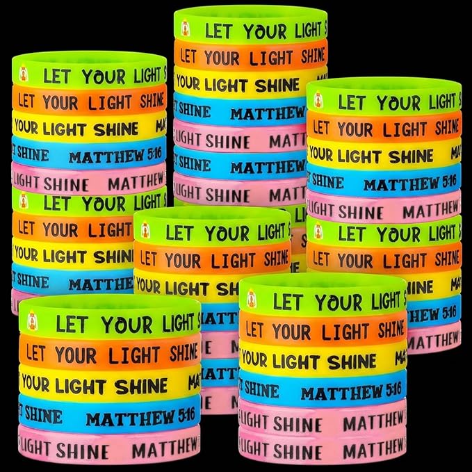 100 Pcs Let Your Light Shine Bracelet Christian Glow in the Dark Wristband, MATTHEW 5: 16 Silicone Wristband Halloween Trunk Or Treat Bible Verse Bulk for Church Sunday School Party Favors