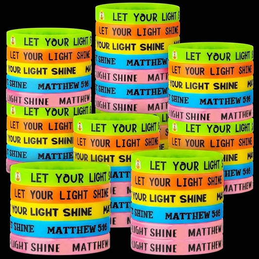 100 Pcs Let Your Light Shine Bracelet Christian Glow in the Dark Wristband, MATTHEW 5: 16 Silicone Wristband Halloween Trunk Or Treat Bible Verse Bulk for Church Sunday School Party Favors
