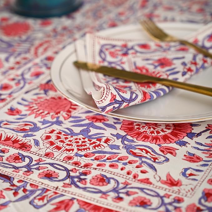 Hand Block Printed Tablecloth, Colorful Floral Print, Indian Artisan Handmade Art, Dining Room, Kitchen, Outdoor Décor, (Flamingo Pink, 10 Seater 72 x 118 Inches Rectangle)