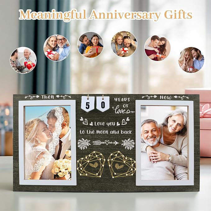 Then & Now Anniversary Picture Frame – Anniversary Wedding Gift for Couple & Parents, 1–99 Years Double 4x6 Picture Frame with Number Cards & Greeting Card (Dark Green)