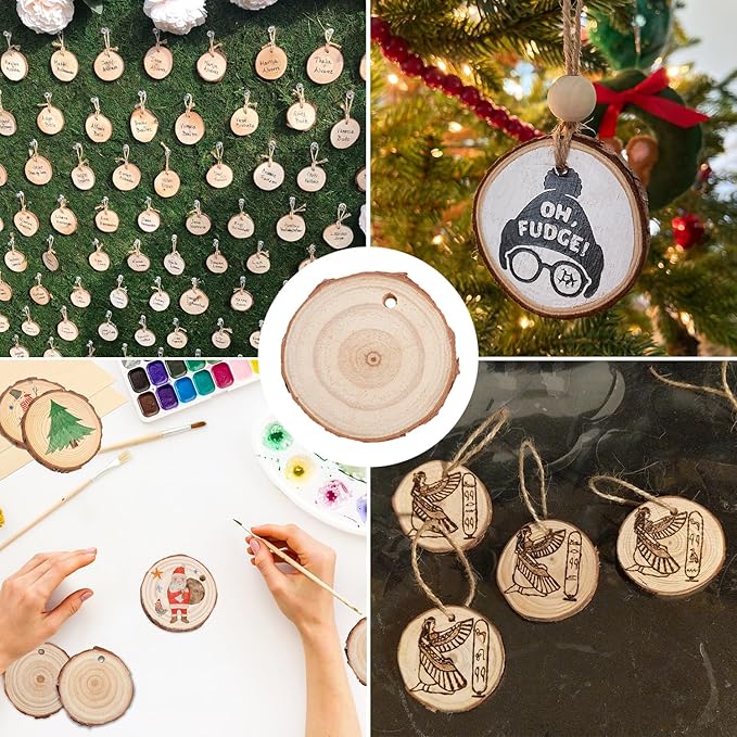 120 PCS 2-2.4 Inch Unfinished Wood Slices, Natural Wood Slices, Predrilled with Hole Wood Slice for DIY Arts Craft Christmas Ornaments