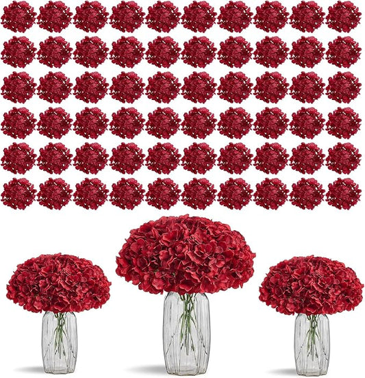 80pcs Burgundy Hydrangea Artificial Flowers Silk Heads with Stems for DIY Wedding Centerpiece Baby Shower Home Party Decor