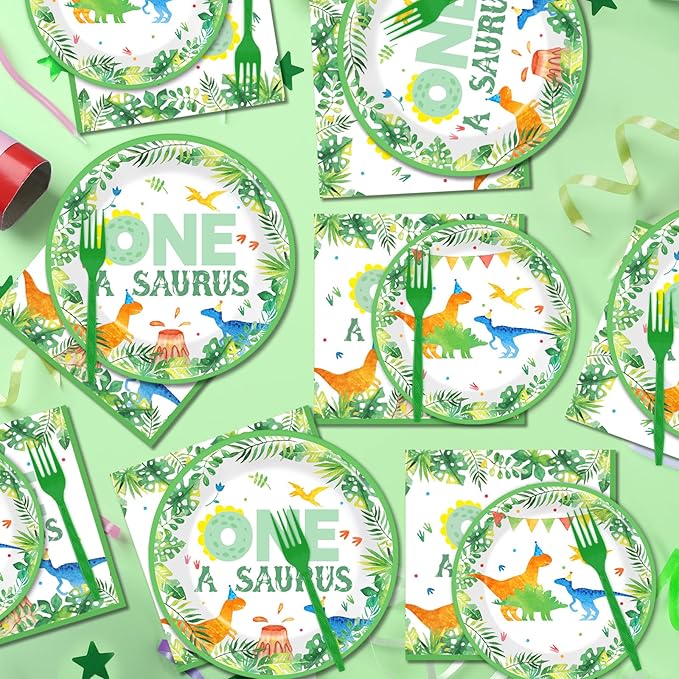 Chunnin 96Pcs One A Saurus Birthday Party Plates and Napkins Dinosaur First Birthday Decorations Tableware Set for 24 Guests Boys Kids Dino Party Supplies