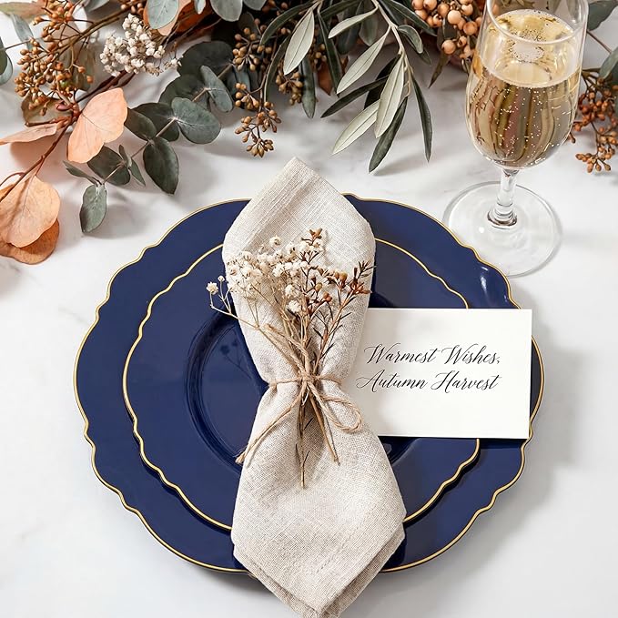 WDF 100pcs Blue Plastic Plates - Baroque Blue&Gold Disposable Plates for Parties/Wedding-50Plastic Dinner Plates 10.25in, 50Salad Plates 7.5in for Party/Birthday/Wedding/Graduation