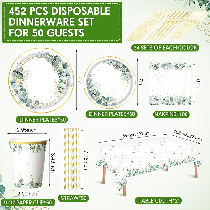 Funnymoom 452 Pcs Eucalyptus Leaf Party Supplies Decorations Include Sage Green Paper Plates Napkins Cups Tablecloth Cutlery Straws for Baby Shower Birthday Bridal Shower Wedding Party