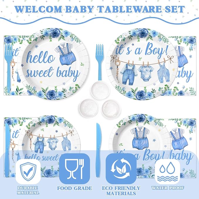 202PCS Blue Baby Boy Shower Decorations Tableware Set, 24 Serves Disposable Plates Napkins Cups Set with Banner Plates Napkins Balloons Tableware Cake Topper for Baby Boy Baby Shower Decorations