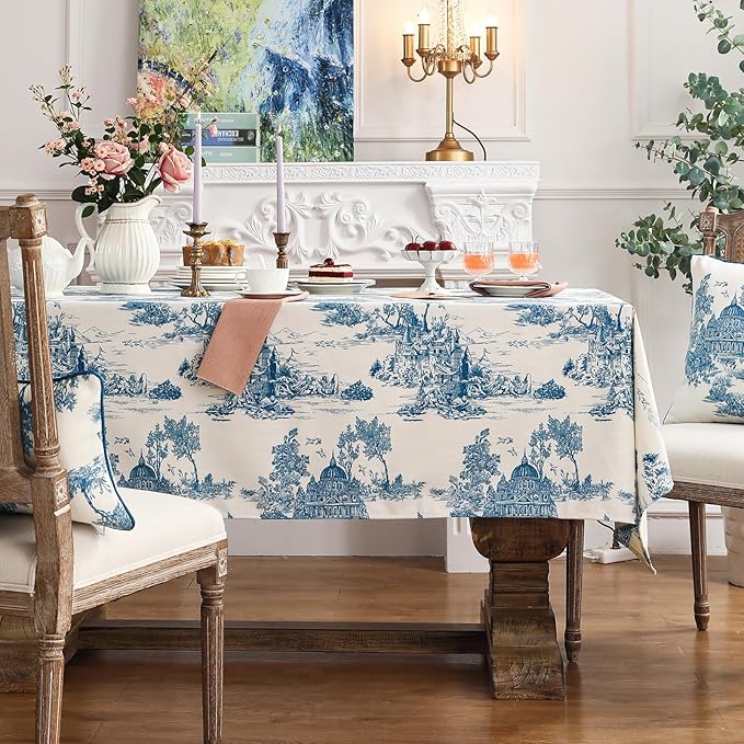 patdrea Elegant French Linen Tablecloth,Rectangular,118"x67"-Lucerne A | Vintage Elegant Table Cloth for Rectangle Table,Blue and White Chinoiserie Print,for Dining Room Tea Party Thanksgiving