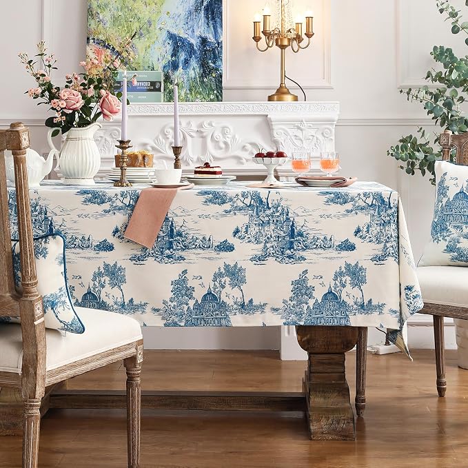 patdrea Elegant French Linen Tablecloth,Rectangular,79"x55"-Lucerne A | Vintage Elegant Table Cloth for Rectangle Table,Blue and White Chinoiserie Print,for Dining Room Tea Party Thanksgiving