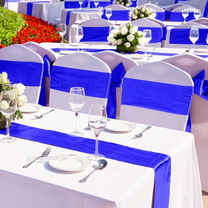 Aneco 4 Pack Satin Table Runner 12 x 108Inch Long Bright Silk and Smooth Fabric Party Table Runner for Wedding Banquet Party Decoration- Royal Blue