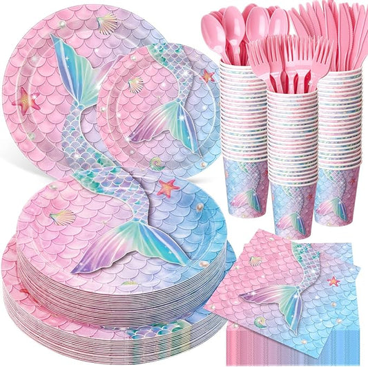 400 Pcs Mermaid Party Decoration for 50, Pink Blue Mermaid Birthday Paper Plates Napkins Cup Cutlery Under The Sea Princess Disposable Tableware for Baby Shower Ocean Birthday Party Supply