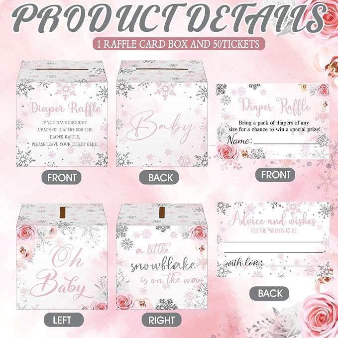Teling 51 Pieces Diaper Raffle Tickets with Card Box Baby Shower Decorations Baby Shower Holder Box for Girl Boy Diaper Raffle Party(Pink Snowflake)
