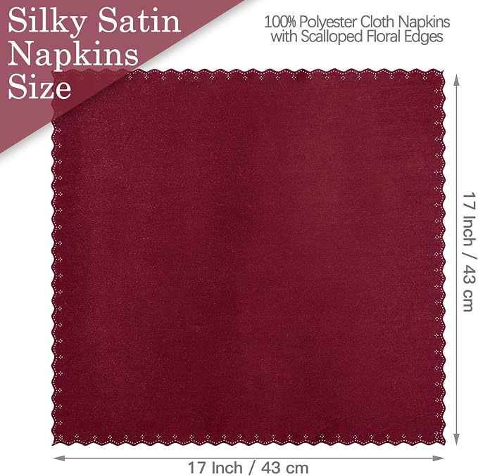 Homiest Burgundy Satin Napkins - 100 Pack, 17x17 Inches, Scalloped Square, Silky Elegant Wedding Napkins for Restaurant, Banquet, Graduation Party