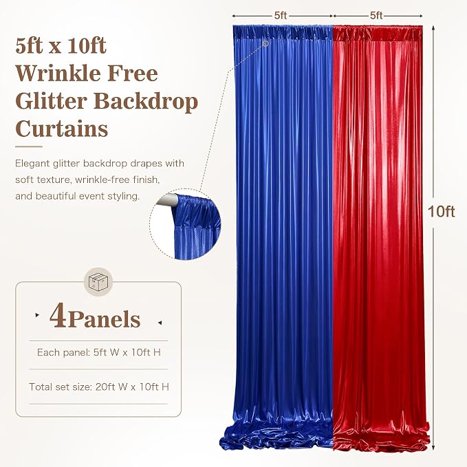 20ft x 10ft Red Royal Blue Sequin Backdrop Curtain for Parties, Wrinkle Free Glitter Photo Backdrop Drapes 4 Panels 5x10ft Back Drop Cloth for Wedding Photography Background
