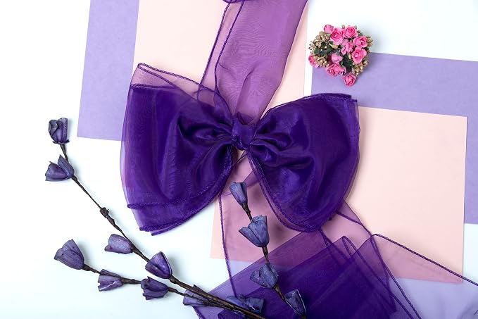 MDS® Pack of 125 Organza Chair Sashes for Wedding Decoration, Reusable Sheer Chair Bows for Banquet Chair Cover, Reception, Bridal Shower, Baby Shower, Birthday Party & Special Events - Purple