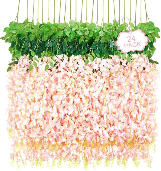 24Pcs Artificial Wisteria Hanging Flowers, 3.6Ft/Pcs Pink Fake Wisteria Garland for Wedding Party Home Garden Indoor Outdoor Decoration