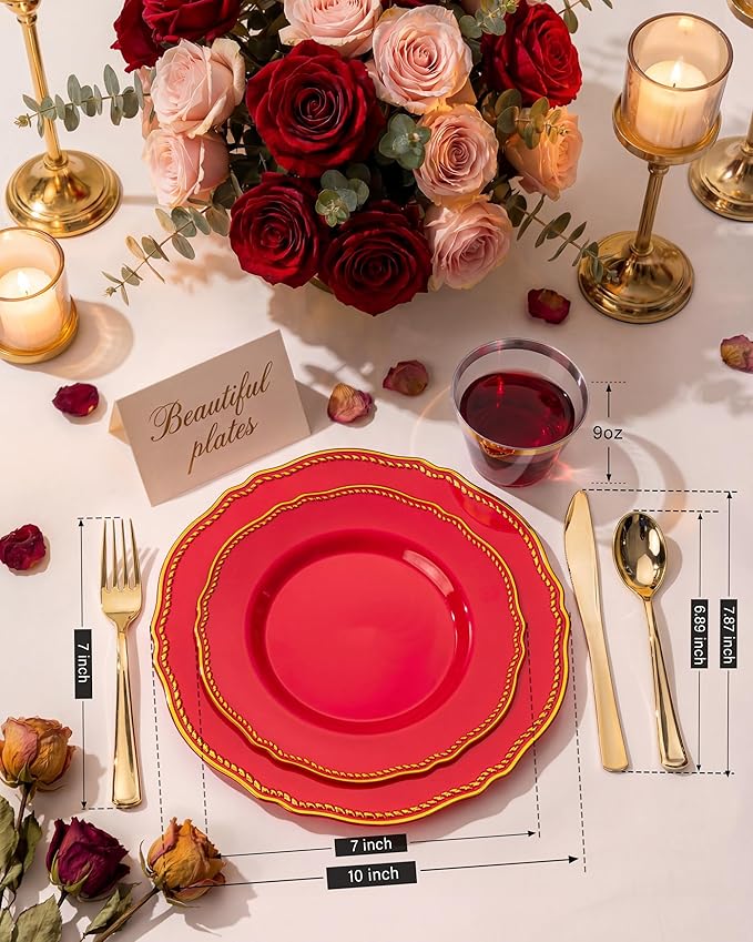 Hioasis 350pcs Red Gold Plastic Plates - Red Plastic Dinnerware Set Includes 50 Dinner Plates, 50 Dessert Dinnerware, 50 Cups, 50 Pre-rolled Napkins Perfect for Wedding & Party &Mother’s Day