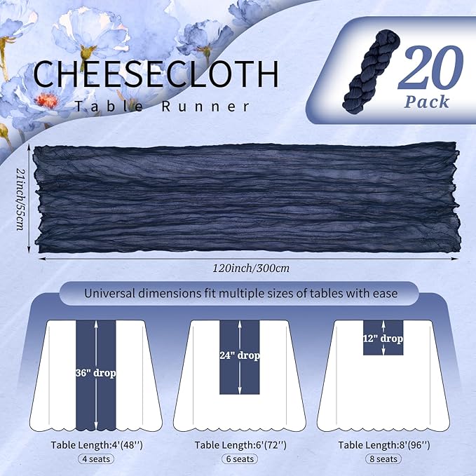 20 Pack Navy Blue Cheesecloth Table Runner 10FT Boho Gauze Cheese Cloth Table Runners Romantic Rustic Sheer Table Decorations for Wedding Party Baby Shower Birthday Holiday Home