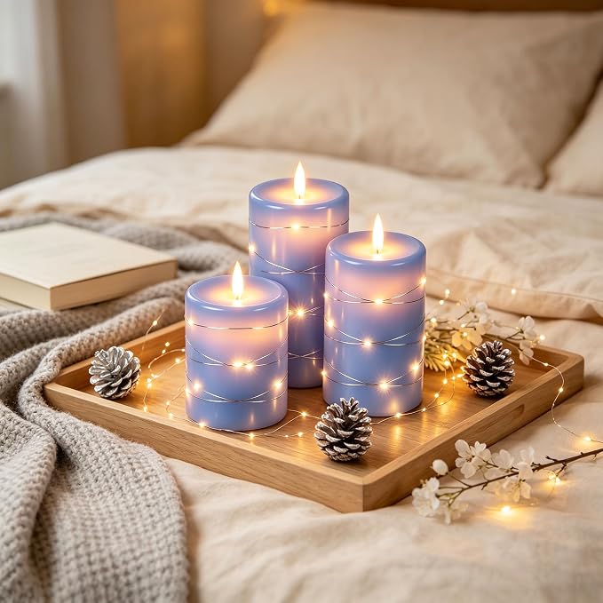 Da by 3 Pack Blue Real Wax Flameless Taper Candles, Lifelike Flickering LED Flame Candles with Surrounding Fairy String Lights, Soft Warm Battery Candles with Remote for Home Wedding Holiday Decor