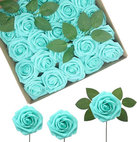JOYLEX Artificial Flowers Realistic Roses, Real Looking Fake Roses with Stem for DIY Wedding Bouquets Centerpieces Bridal Shower Party Home Romantic Decorations (Turquoise, 100pcs)