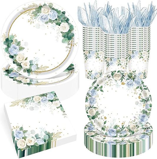 400 Pcs Sage Green Color Party Supplies Serve 50 Guests Eucalyptus Flowers Disposable Paper Plates Napkins and Cups for Bridal Baby Shower Birthday Wedding Party Decorations(Green,Chic)