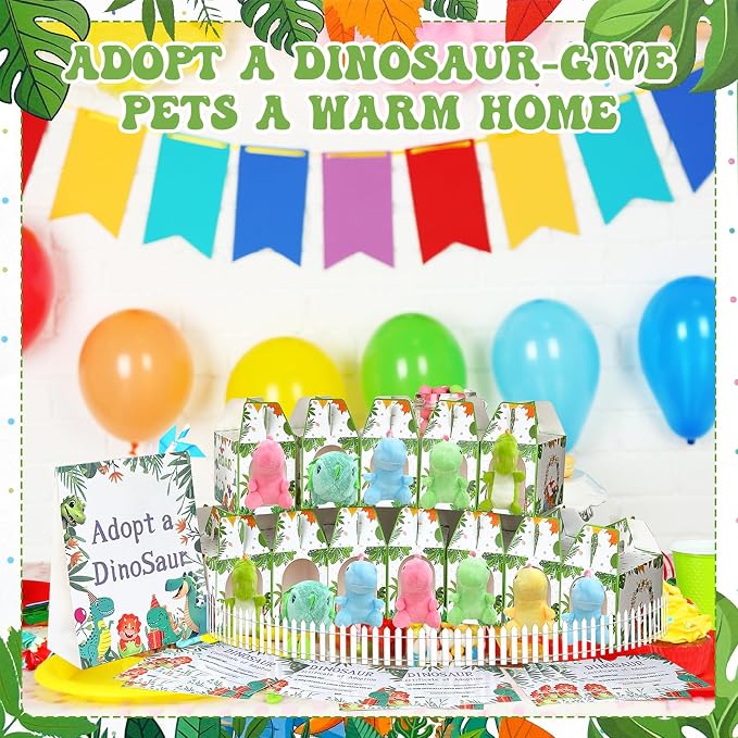 38 Pcs Adopt a Dinosaur Pet Party Favors Include 12 Mini Dinosaur Stuffed Animals 12 Foldable Boxes 12 Adopt Dinosaur Cards 1 Adopt Sign 1 Adopt Fence for Adopt a Pet Party (Plush)