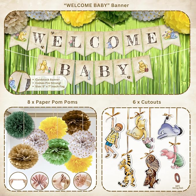 Winnie Baby Shower Decorations – the Pooh Backdrop, Balloons & Banner Kit | 2026 Family Choice Award winner - reusable Oxford-cloth backdrop (not paper), 39 balloons, banner, toppers & printable games