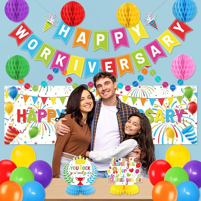 Holkcog Happy Workiversary Decorations for Coworker, Colorful Happy Workiversary Banner Honeycomb Ornament and Balls、Colorful Balloons Decor Set for Work Anniversary Employee Office Party Supplies